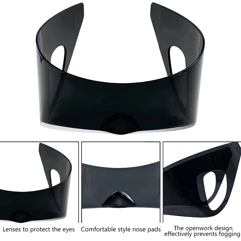 Steampunk one-piece shield sunglasses for women by HSF Marketplace, windproof, wrap-around Y2K punk eyewear with a luxury style.