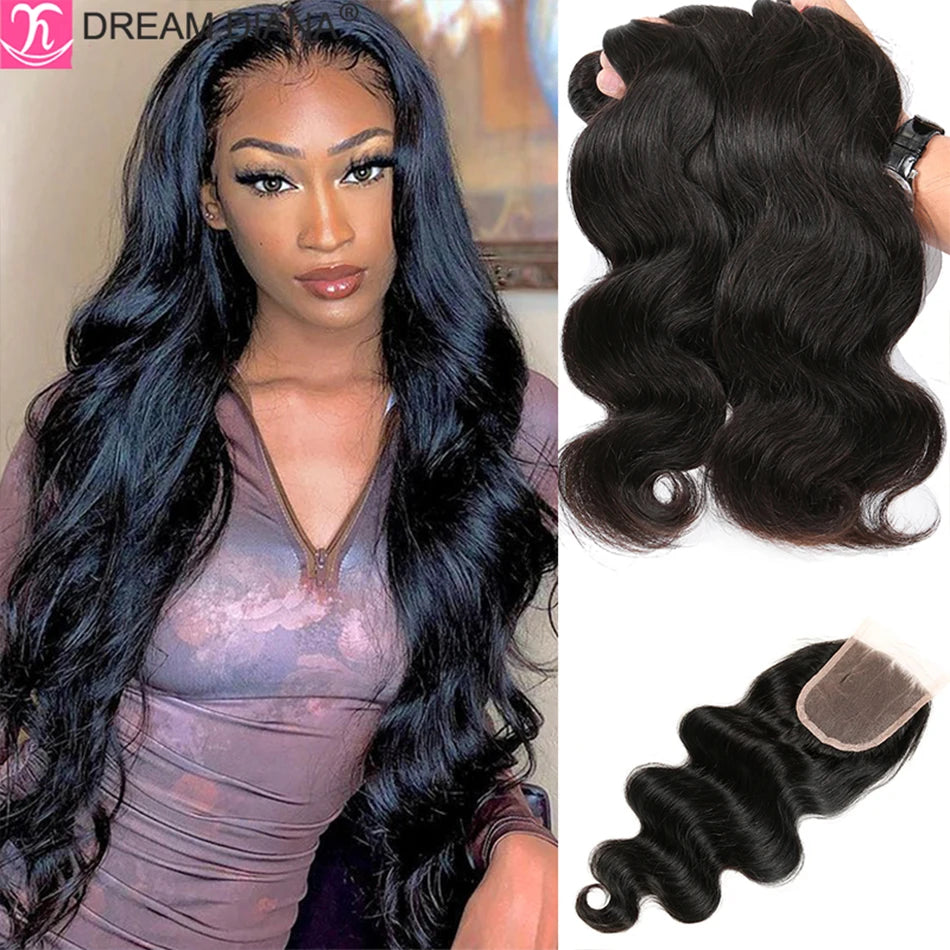 Red body wave Brazilian human hair bundles with closure, 10A grade from HSF Marketplace