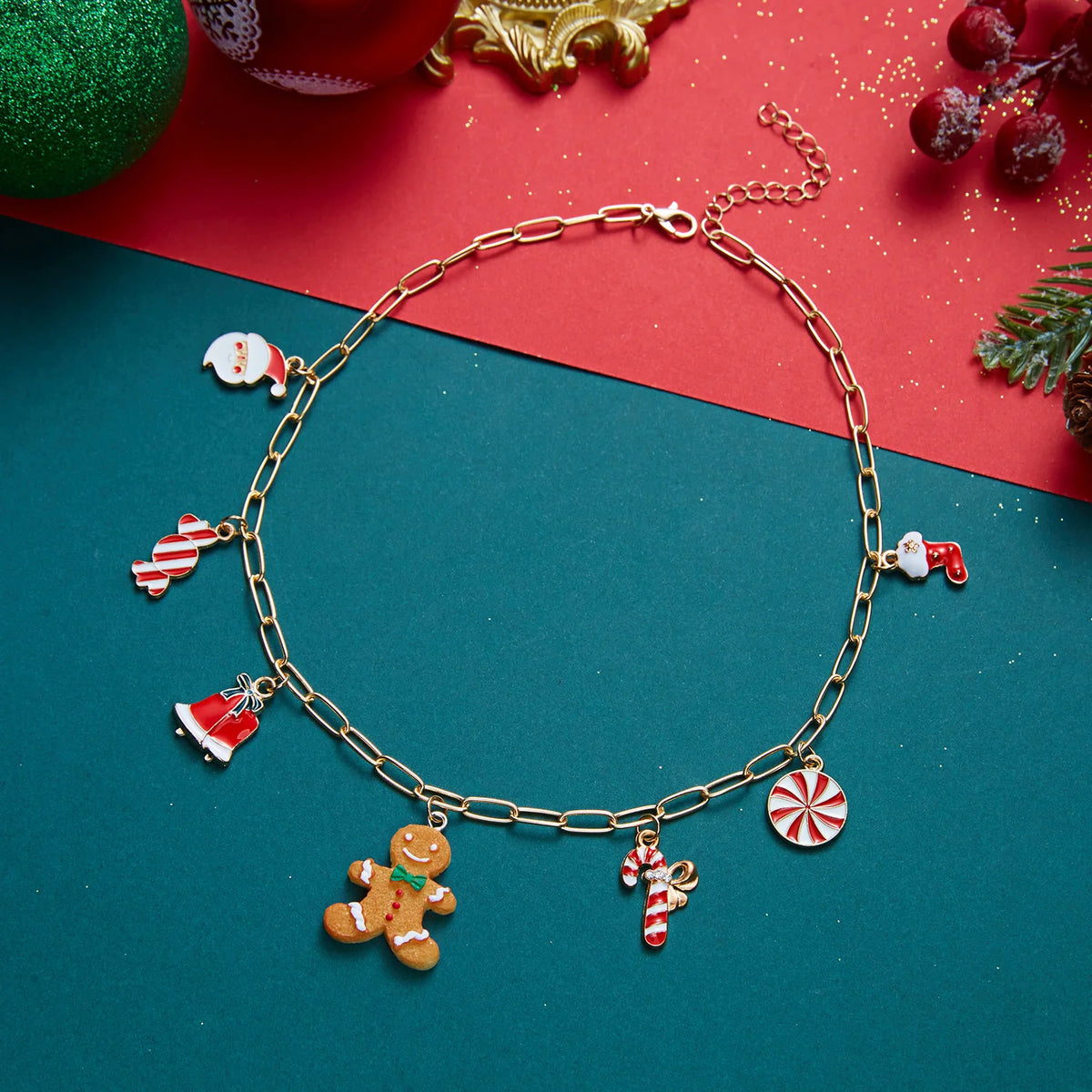 Orange gingerbread man pendant necklace for ladies, festive Christmas jewelry with colorful multi-pendants and a chain.