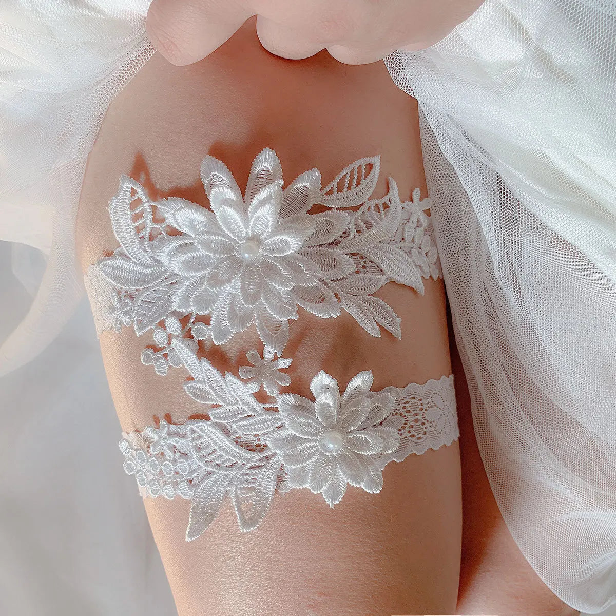 2-piece women's lace bridal garter belt thigh bands with pearl embroidery and bow details, HSF Marketplace