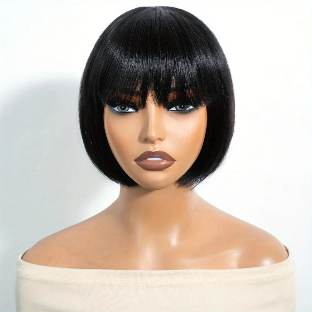 Rebecca short bob wig with bangs, Brazilian straight human hair in mixed color 1B/30, glueless machine-made wig