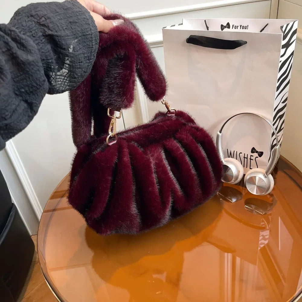 Large capacity HSF Marketplace crossbody handbag with relaxed textured mink fur, solid color, women's shoulder purse.