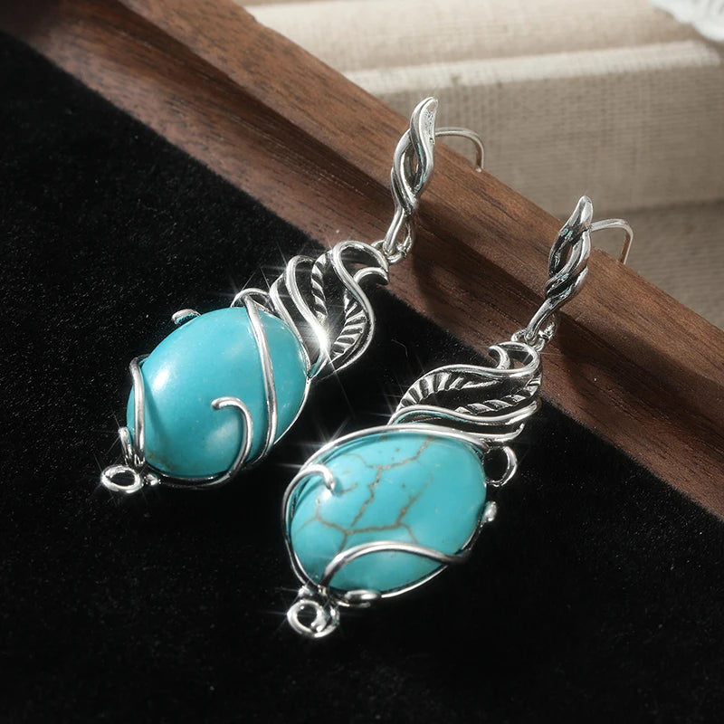 Bohemian turquoise drop earrings for women, vintage silver-style jewelry by HSF Marketplace
