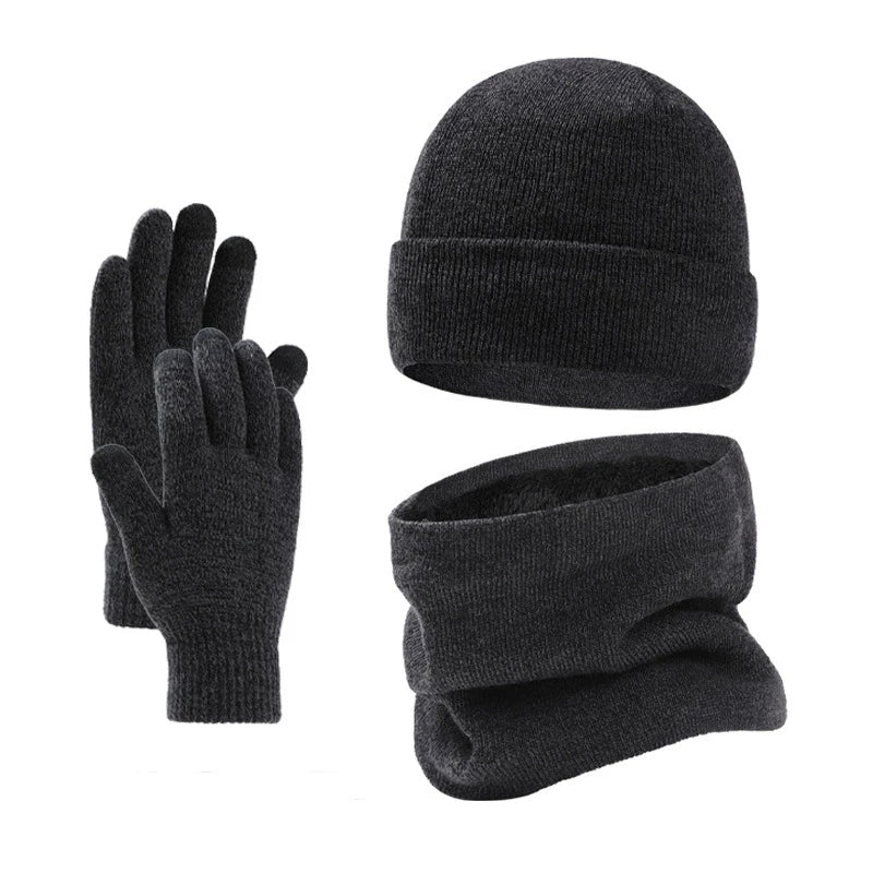 Men's warm knit beanie hat, scarf and gloves winter set in coordinated design