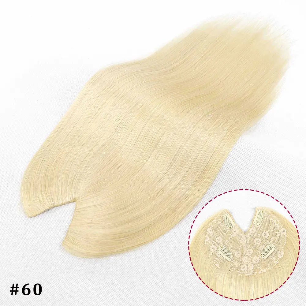 V-shape clip-in human hair extensions with brown blonde highlights, straight Brazilian Remy hair, 16 inch