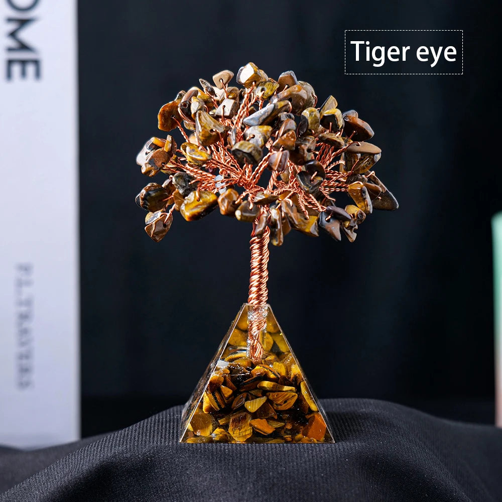 1pc Natural Crystal Tree Ornament Resin Pyramid Base Crystal Crushed Stone Fortune Tree Home Office Decoration Holiday Gift