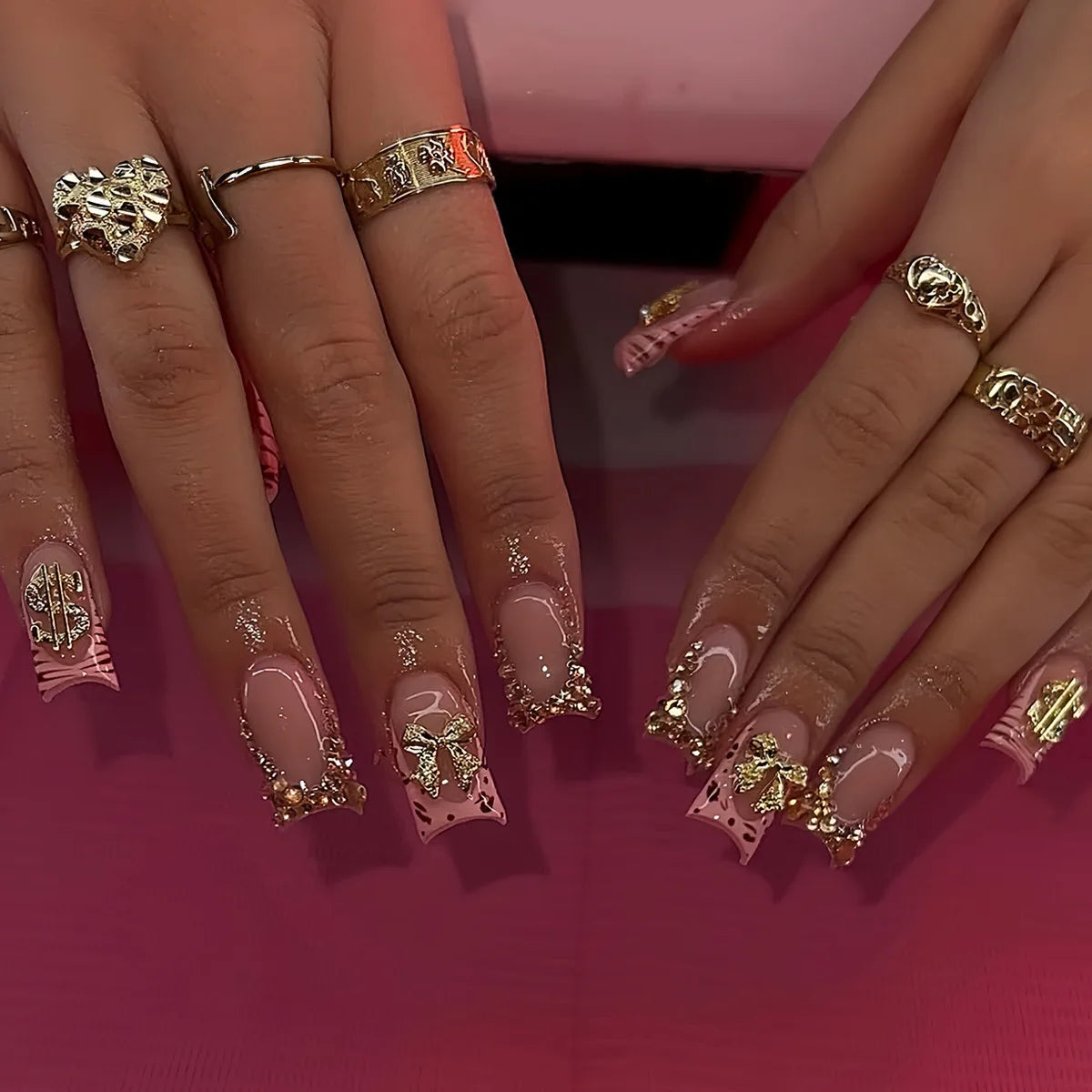 HSF Marketplace nude pink short duckbill press-on false nails with leopard French tips, 3D bowknots, butterflies and cherries