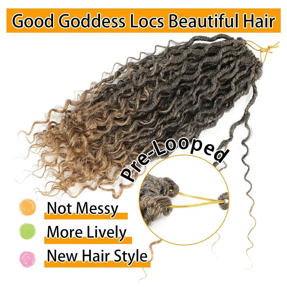 14-inch faux locs crochet hair with curly ends, pre-looped synthetic goddess locs for black women, boho crochet braiding hair pack