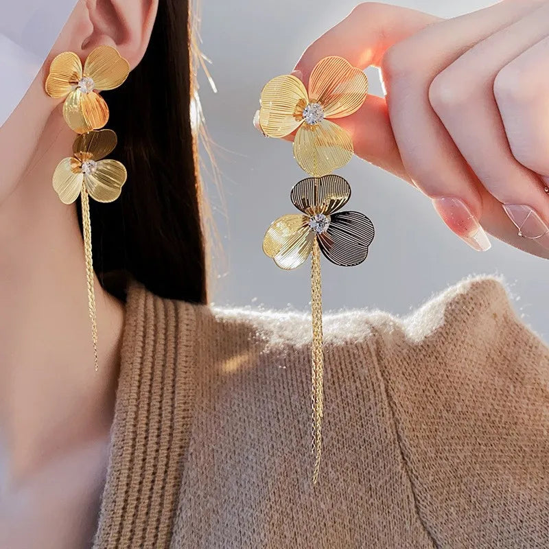 Trendy flower drop earrings with long tassels and rhinestones by HSF Marketplace
