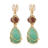 Fashion Natural Resin Waterdrop Metal Mesh Earrings For Women Retro Crystal Geometric Dangle Earrings Party Jewelry Boho Gifts