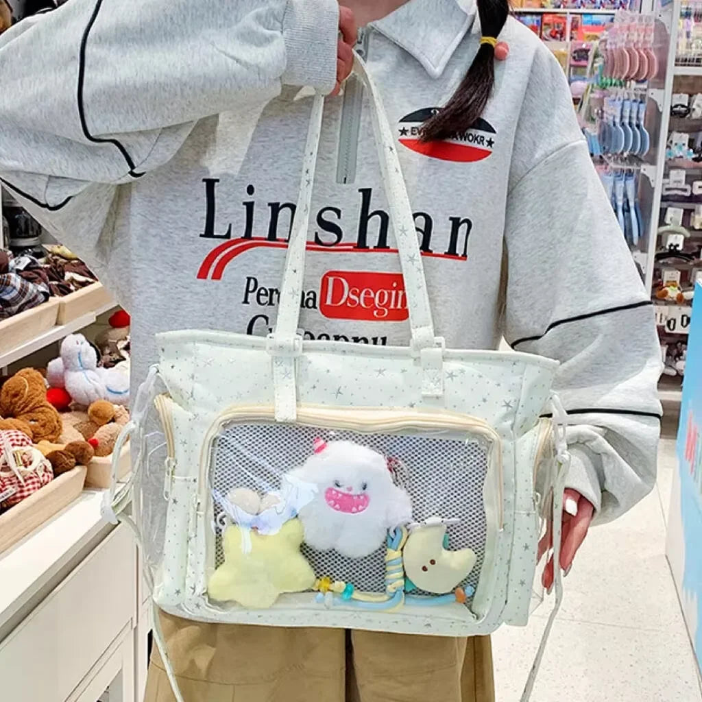 Transparent Y2K Japanese Ita Bag by HSF Marketplace featuring a large capacity casual tote with Lolita girl design and crossbody strap.