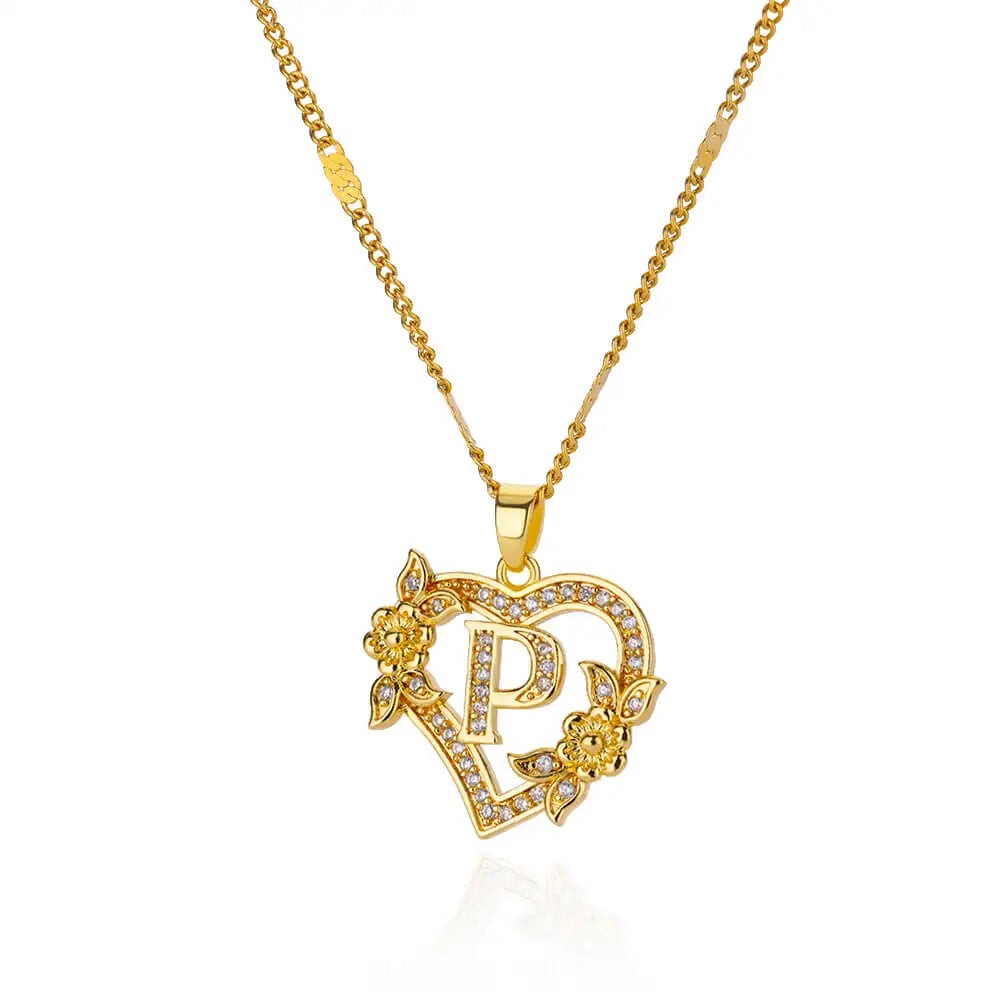 Gold stainless steel heart initial letter necklace for women, featuring an alphabet pendant on a chain, perfect for birthday jewelry.