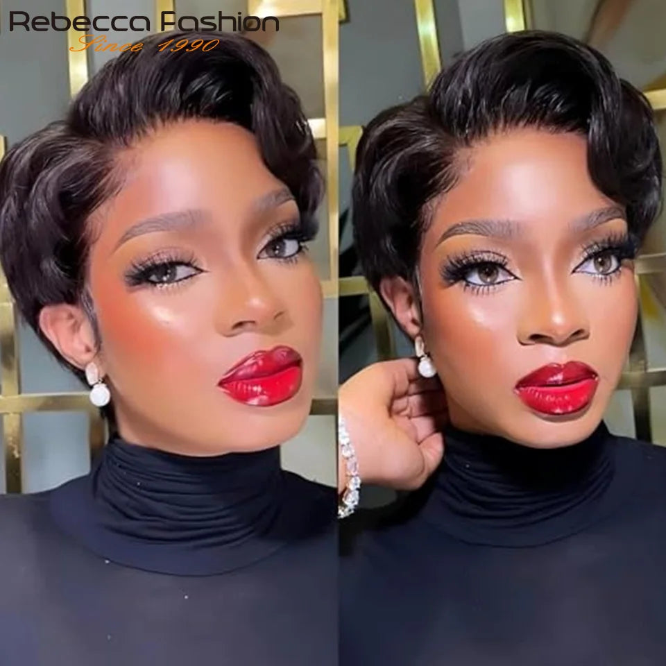 Straight blonde human hair wig with short pixie cut, lace C-part, for women, Brazilian Remy hair, glueless daily wig.
