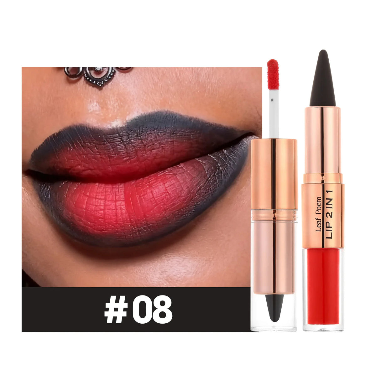 Red and black waterproof lipstick and lipliner set with purple rose design, featuring double head tapered contour pencil.