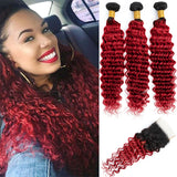 DreamDiana 12A Brazilian Deep Wave 3 Bundles with Closure Ombre Human Hair Bundles with Closure Curly Hair Bundles with Closure