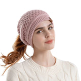 Women's HSF beanie with ponytail hole, ear flaps, fleece lining, and slouchy winter cap design