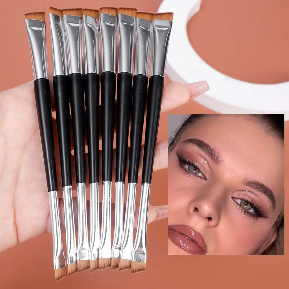Set of 15 professional makeup brushes, including eyebrow, eyeliner, and contour brushes with angled and flat heads for precise application
