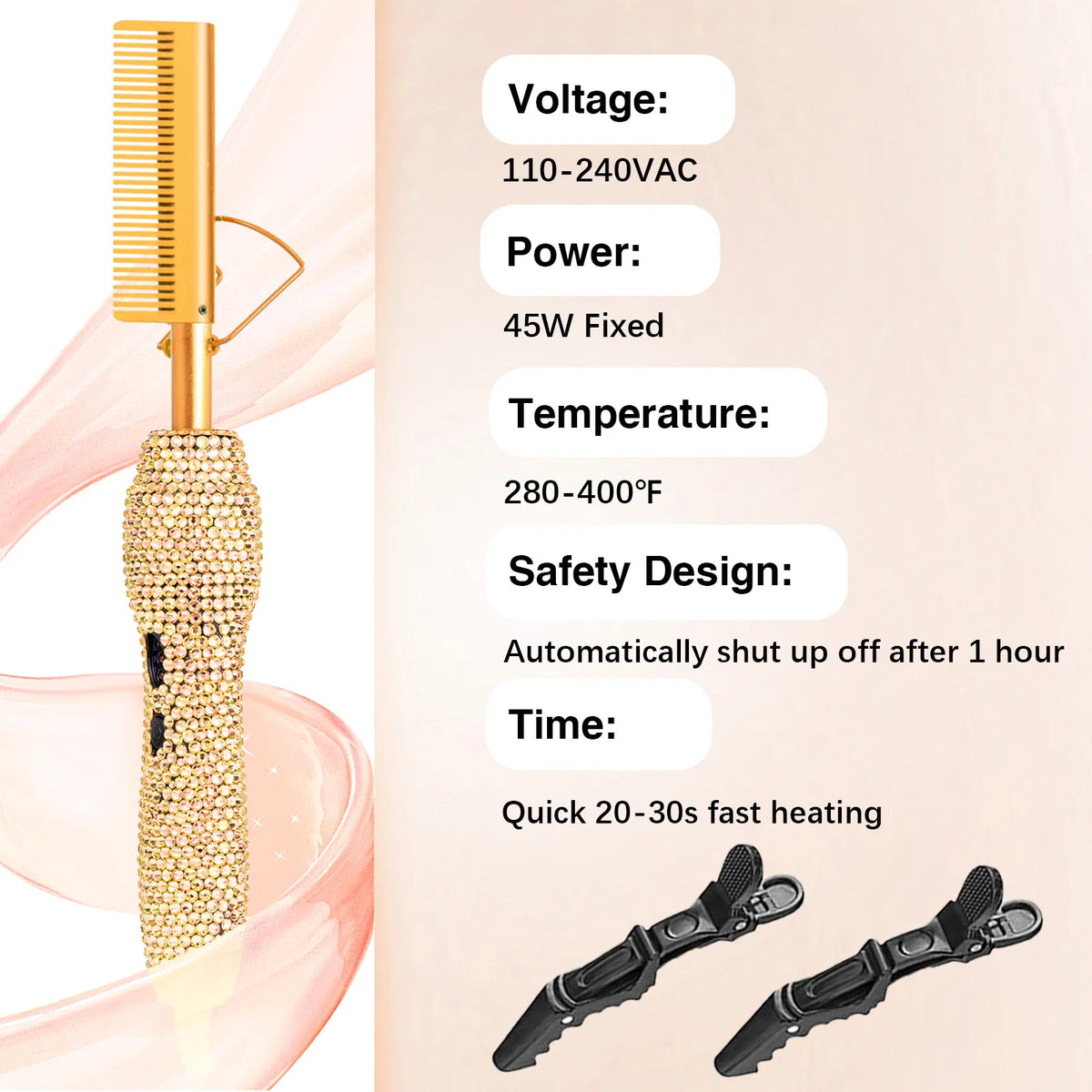 400℉ Hot Comb for Wigs & Human Hair, 2 in 1 Hair Straightener & Curler Bling Hot Hair Comb for Travel, Daily Use, Salon Grade