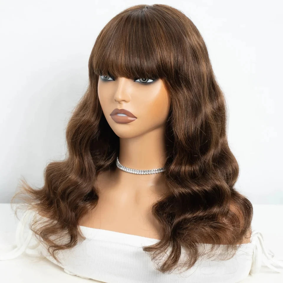 Blue body wave human hair wig with bangs, full machine-made cosplay wig, Brazilian 180D hair from HSF Marketplace.