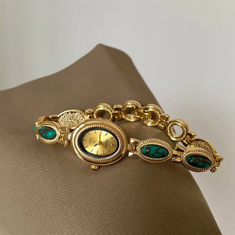 New Colored Gemstones Ladies Watch Elegant Luxury Quartz Watch Gift Oval Wristwatch