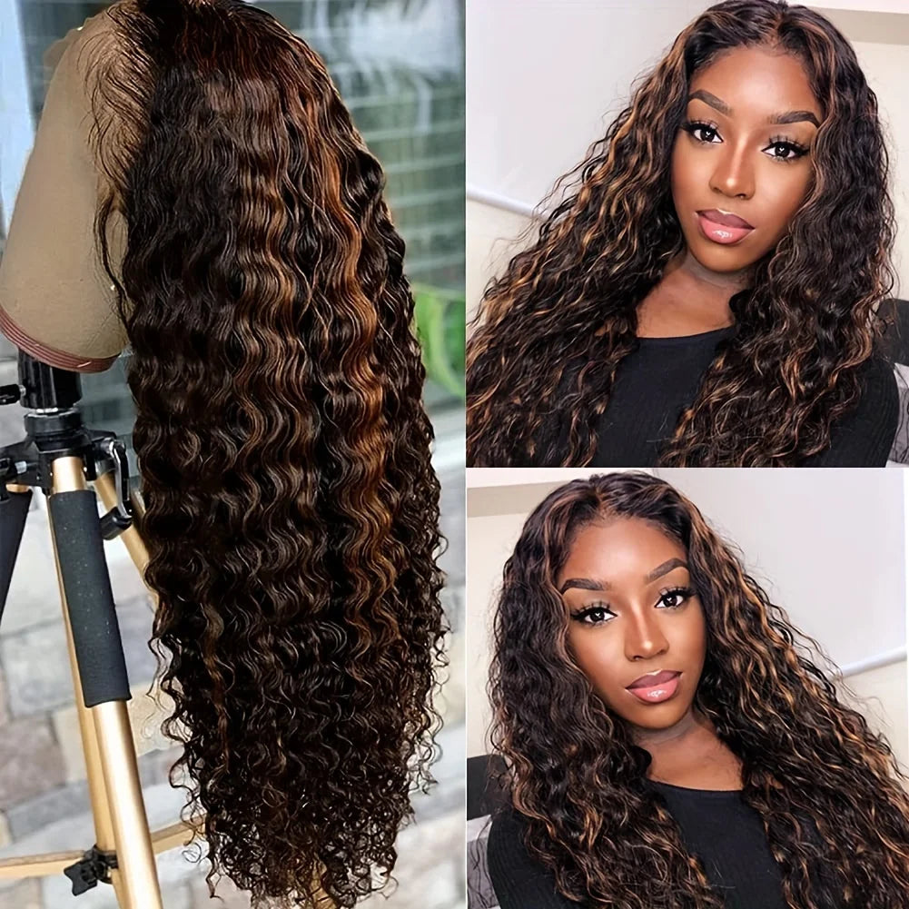 5x5 glueless deep wave human hair wig, 1B/30 ombre 13x4 lace front with highlighted curls for women