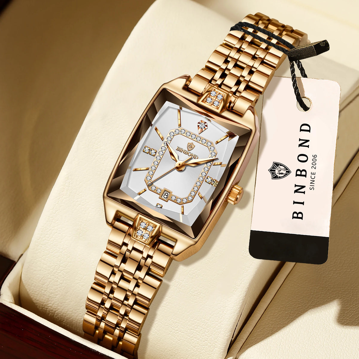 BINBOND Zircon Luxury Reloj Original Waterproof Sturdy Auto Date Women's Watches Ladies Wristwatch Quartz Watch For Women