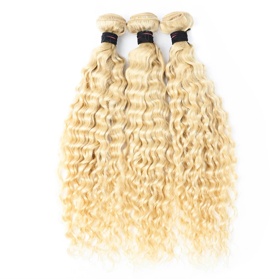 Face Beauty 613 Blonde Frontal Clodure with Bundles Remy 3/4 Peruvian Human Hair Deep Wave Curly Bundles with 13x4 Lace Frontal