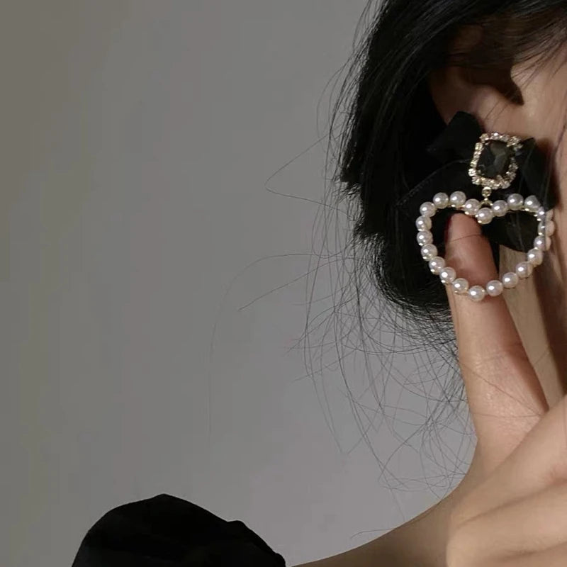New Korean Trendy 925 Silver Needle Black Bowknot Square Crystal Drop Earrings for Women Elegant Pearl Heart Jewelry Gifts