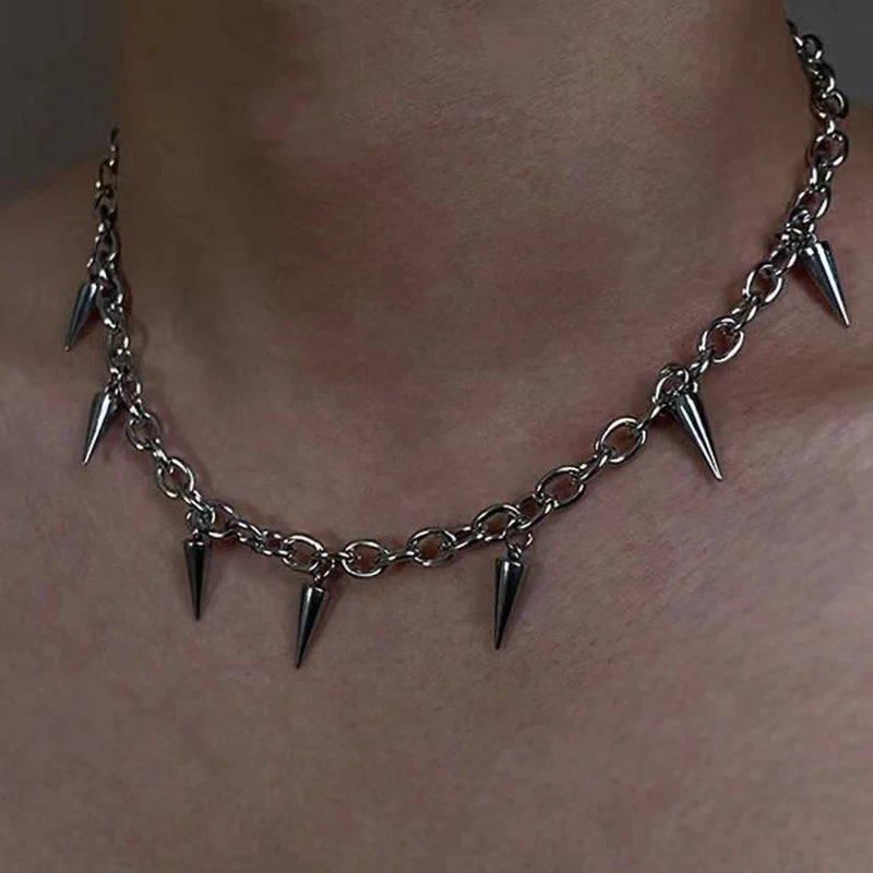 Stainless steel punk aesthetic stud choker necklace with rivet pendant, Gothic jewelry for men and women, hip hop style accessory