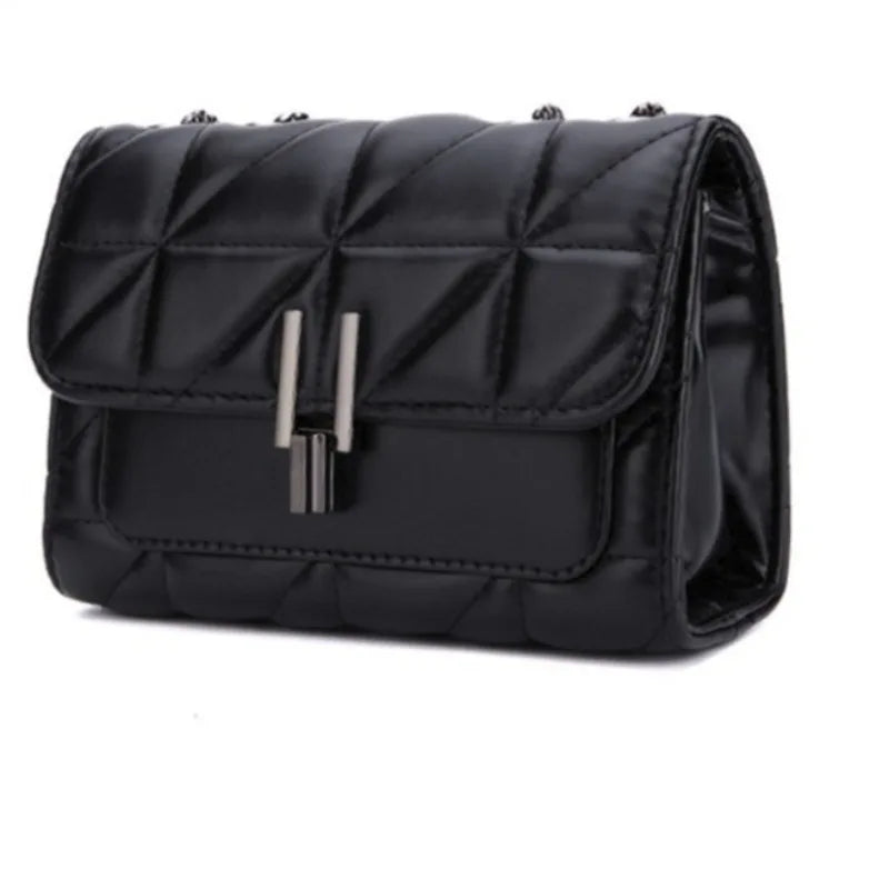 Luxurious quilted women's shoulder bag by HSF Marketplace featuring a diamond grid embroidery and a chain buckle strap.