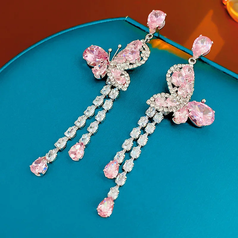 Pink zircon dangle earrings with sparkling stones, elegant jewelry for weddings and parties