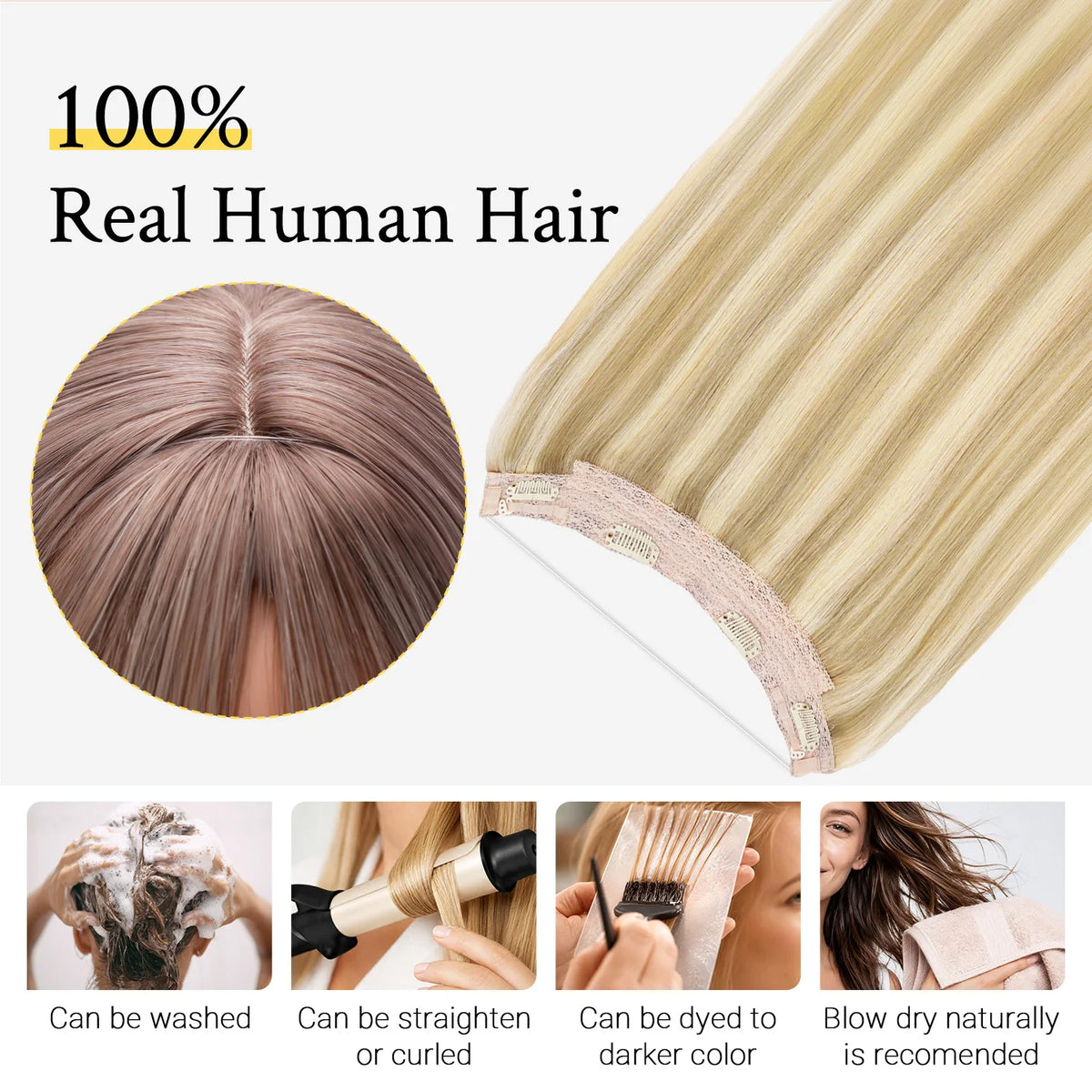 Sunmofavo Halo Hair Extensions in golden blonde Remy human hair with transparent wire and anti-slip clips