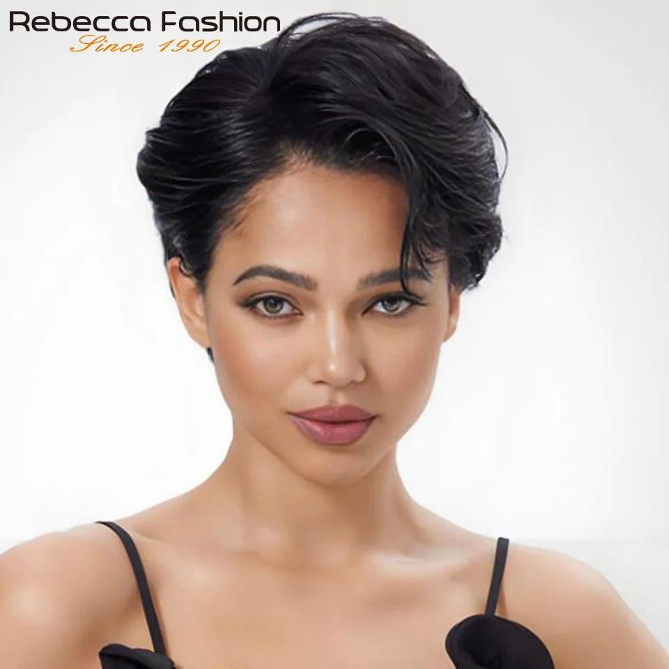 Straight human hair wig with transparent lace front, Rebecca short bob style, preplucked Brazilian hair for women, wear-and-go.