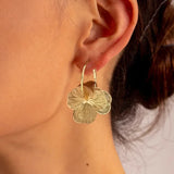 Stainless steel golden double-layer hollow flower hoop earrings for women, vintage floral jewelry close-up