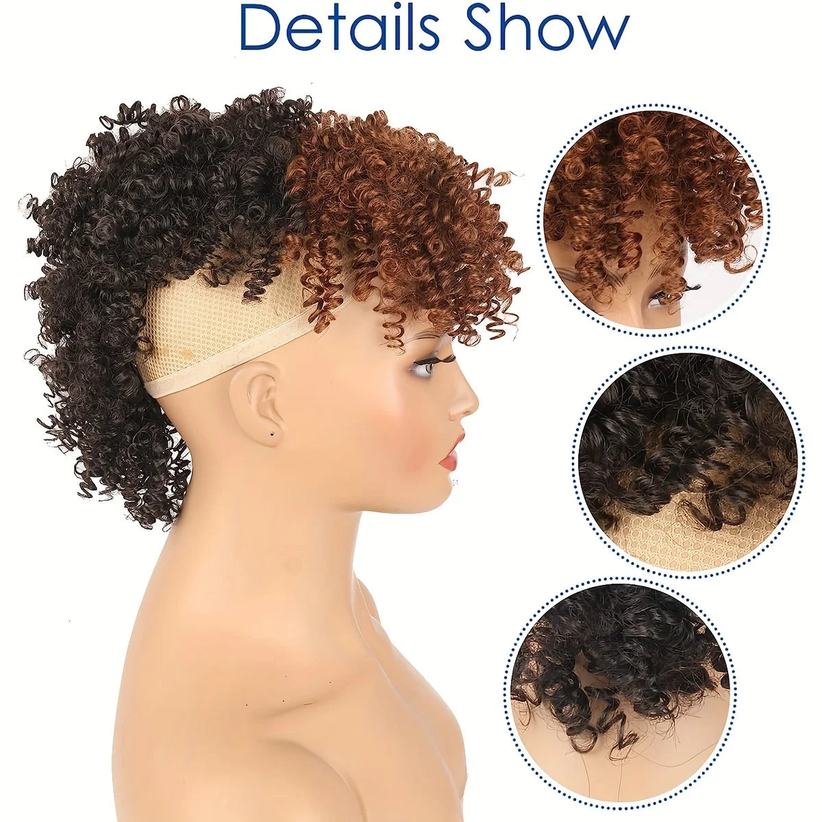 Chic Afro curly mohawk wig with brown bangs, clip-in ponytail and high puff afro bun style by HSF Marketplace