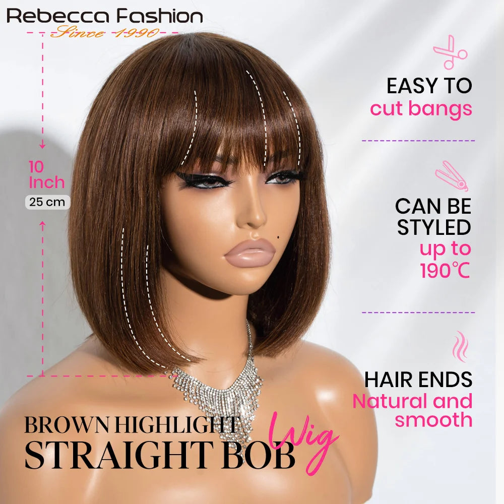 Rebecca ombre brown straight short bob human hair wig with bangs, full machine-made wig, natural look, ideal for stylish wear