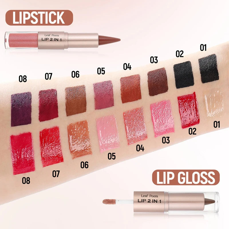Black and brown tapered lip liner with double head mirror, plumping lip glaze, red lip tint, and crystal gloss for sexy lips.
