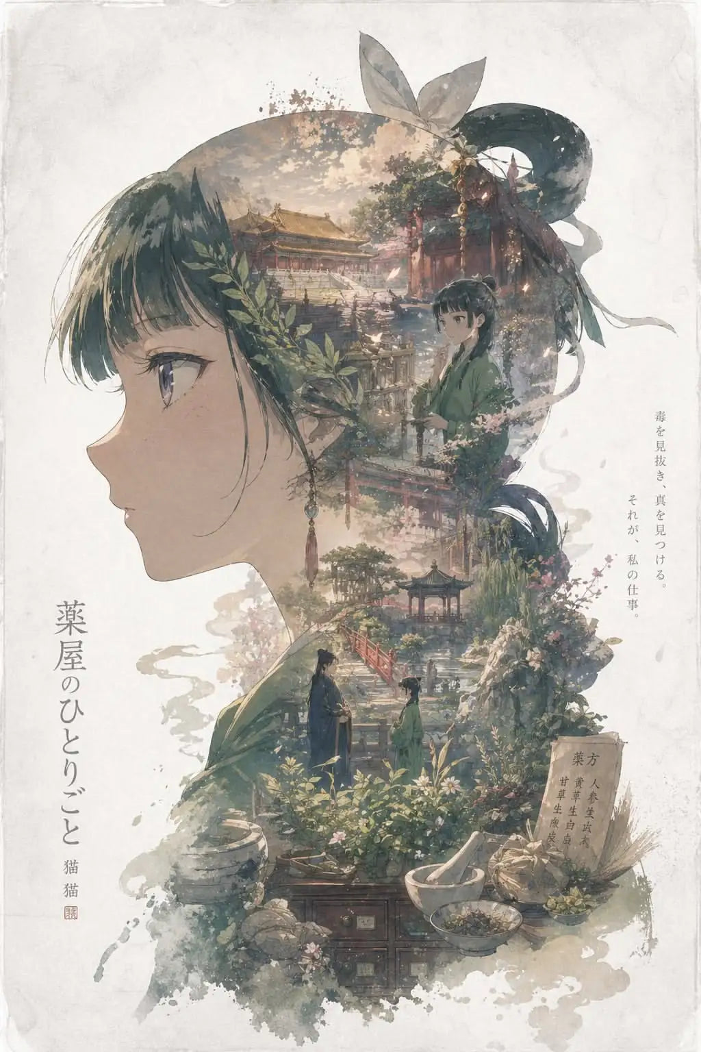 Japanese manga art poster canvas print featuring Maomao and Jinshi from The Apothecary Diaries