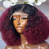 Burgundy red 13x4 HD lace front wig, 1B/99J afro kinky curly bob, preplucked 100% human hair wig