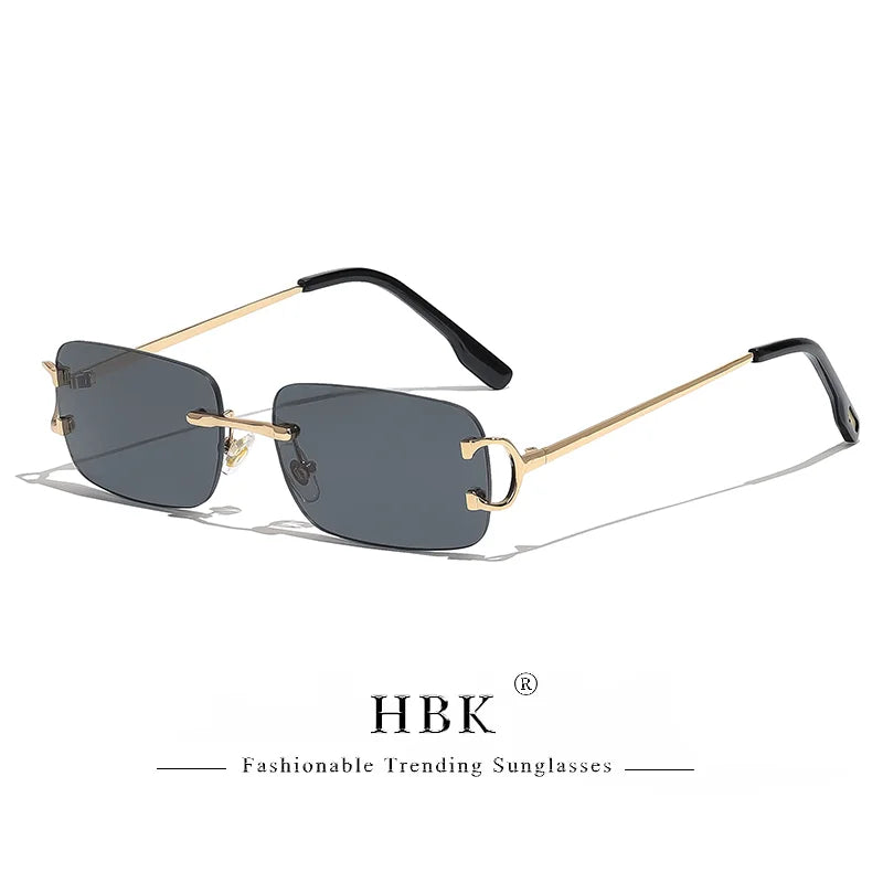 HBK Retro rimless sunglasses for women and men with small square gold frame, tea shades, UV400 protection, stylish eyewear.