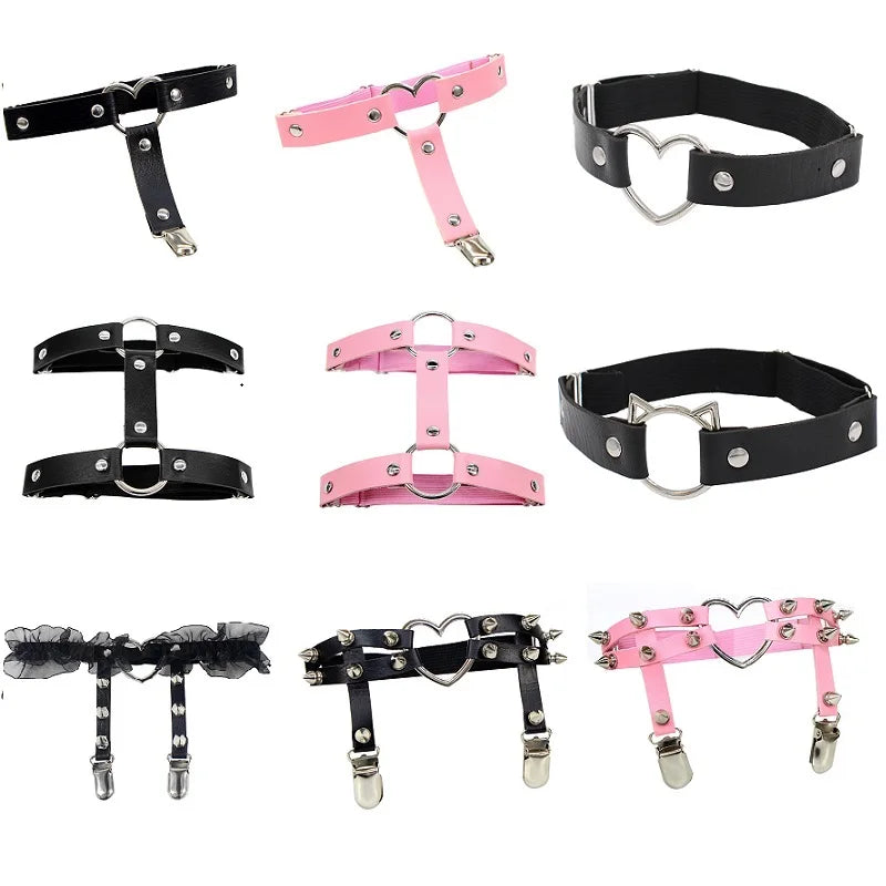 Women’s elastic PU leather thigh garter leg ring with heart rivets, spikes, and punk goth harness style