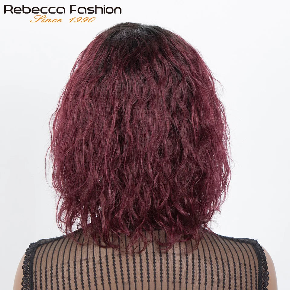 Short curly human hair wig by HSF Marketplace featuring natural Brazilian Remy water wave texture and a cute, easy-to-wear bob style.