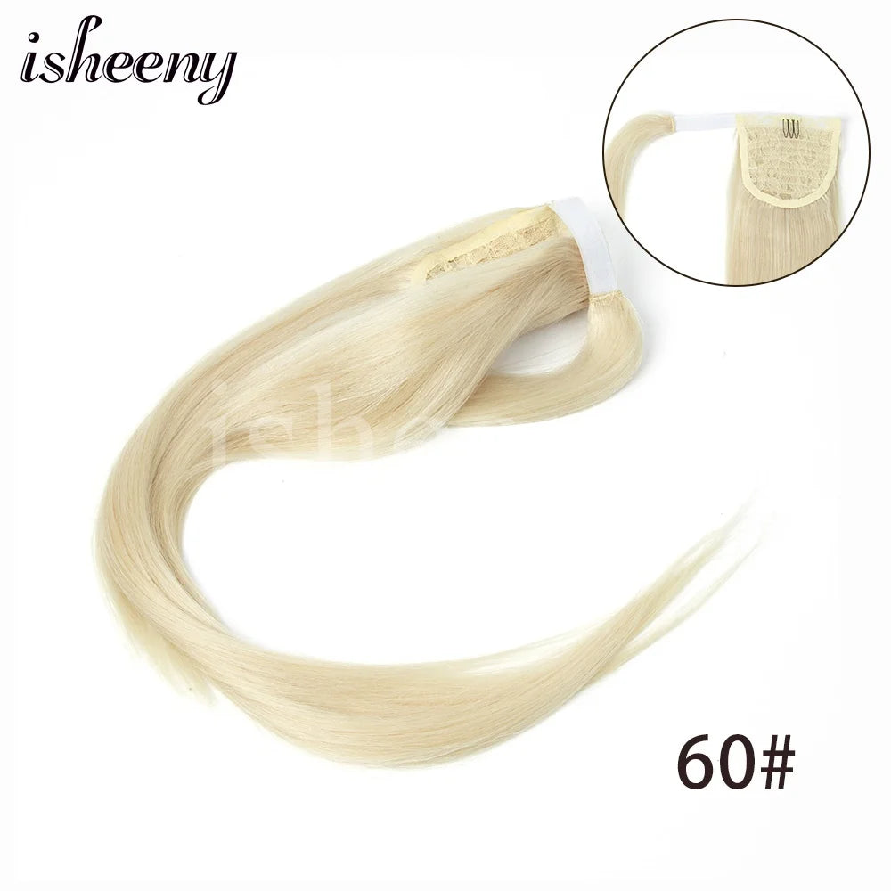 Isheeny straight human hair ponytail extension, Brazilian Remy wrap clip-in, 14-24 inches, natural black