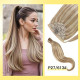 Yelo Remy human hair clip-on ponytail extension in straight blonde, brown, and black tones