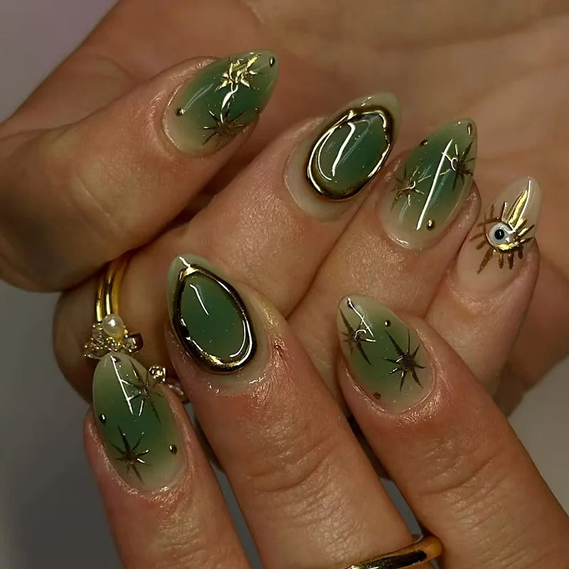 HSF Marketplace 24-piece Y2K star press-on false nails with blue gradient French tips and gold moon designs