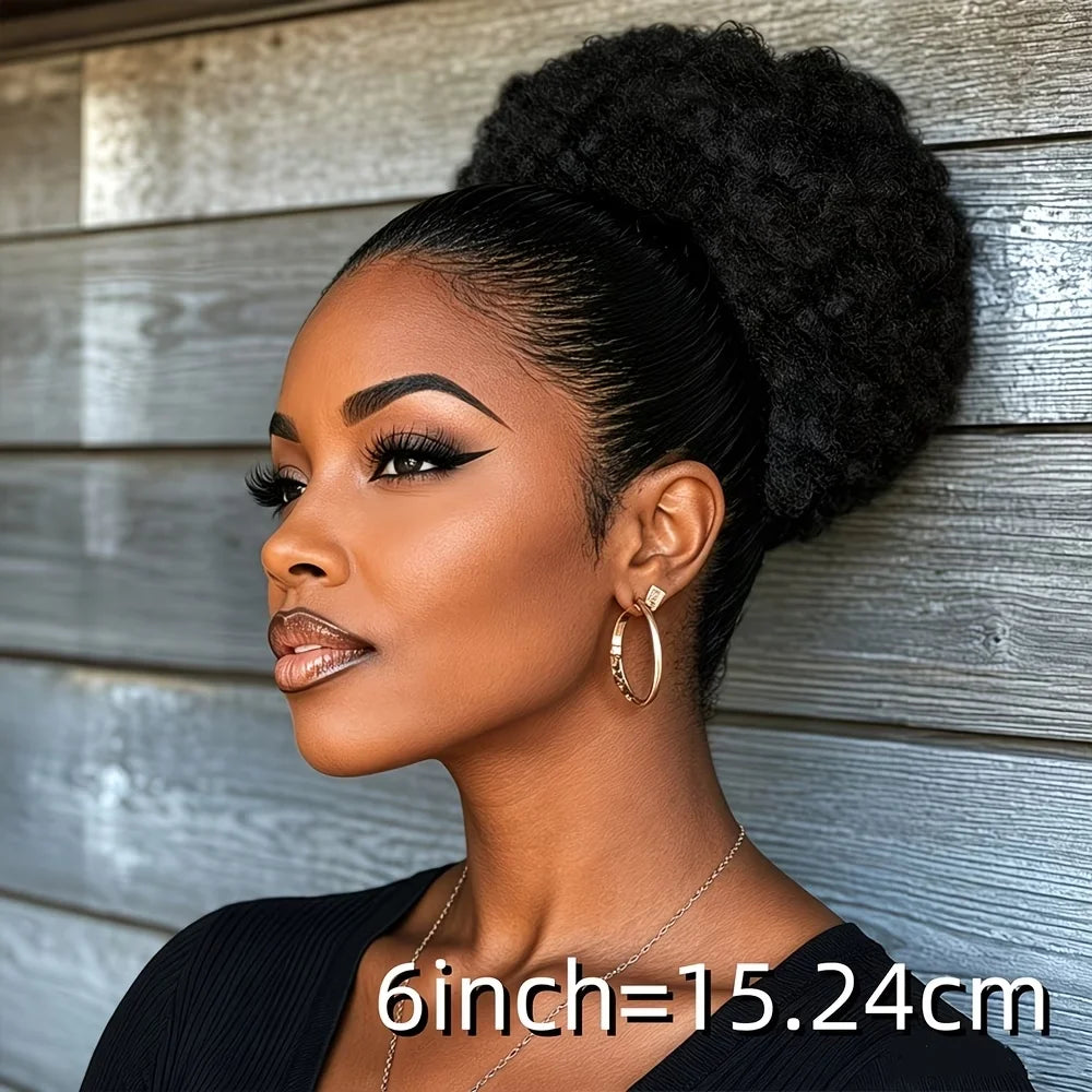 Natural black short voluminous kinky afro puff drawstring human hair bun ponytail