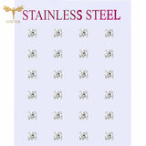 12 pairs of 2-7mm white crystal stud earrings with round and square zircon designs in gold-tone stainless steel