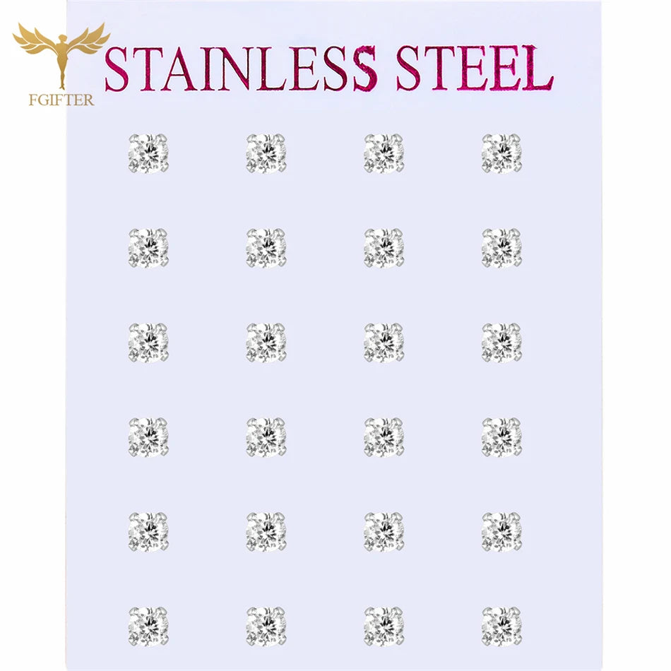 12 pairs of 2-7mm white crystal stud earrings with round and square zircon designs in gold-tone stainless steel