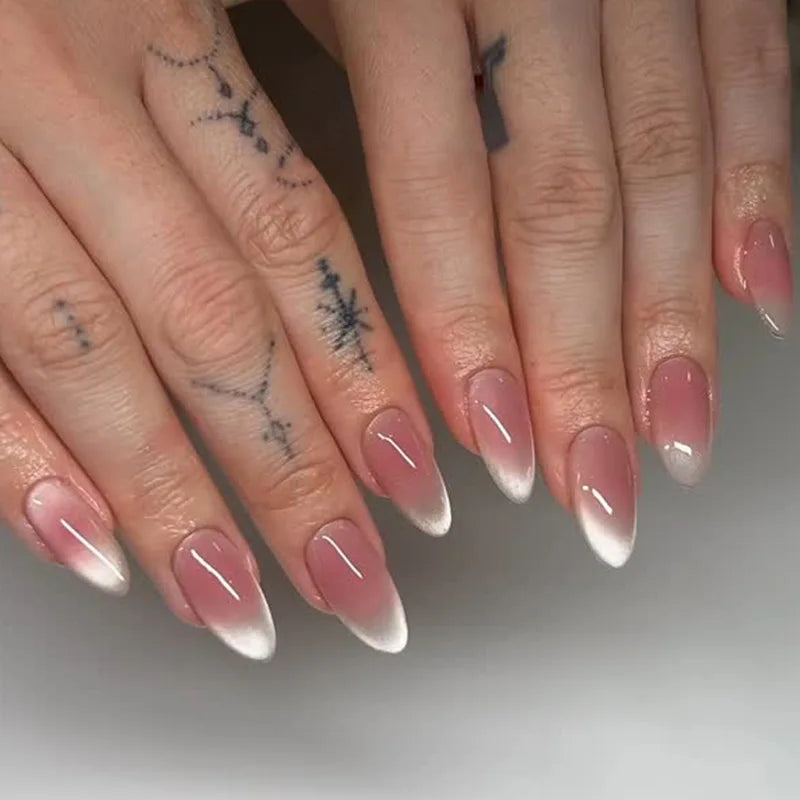 24-piece oval short pink ombre press-on false nails with simple spring nail art for women and girls