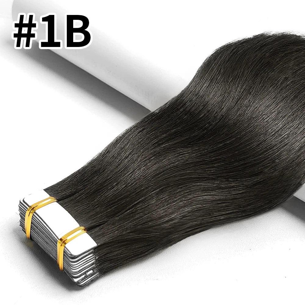 Straight natural black Remy human hair tape-in extensions, 20-piece seamless skin weft set for women